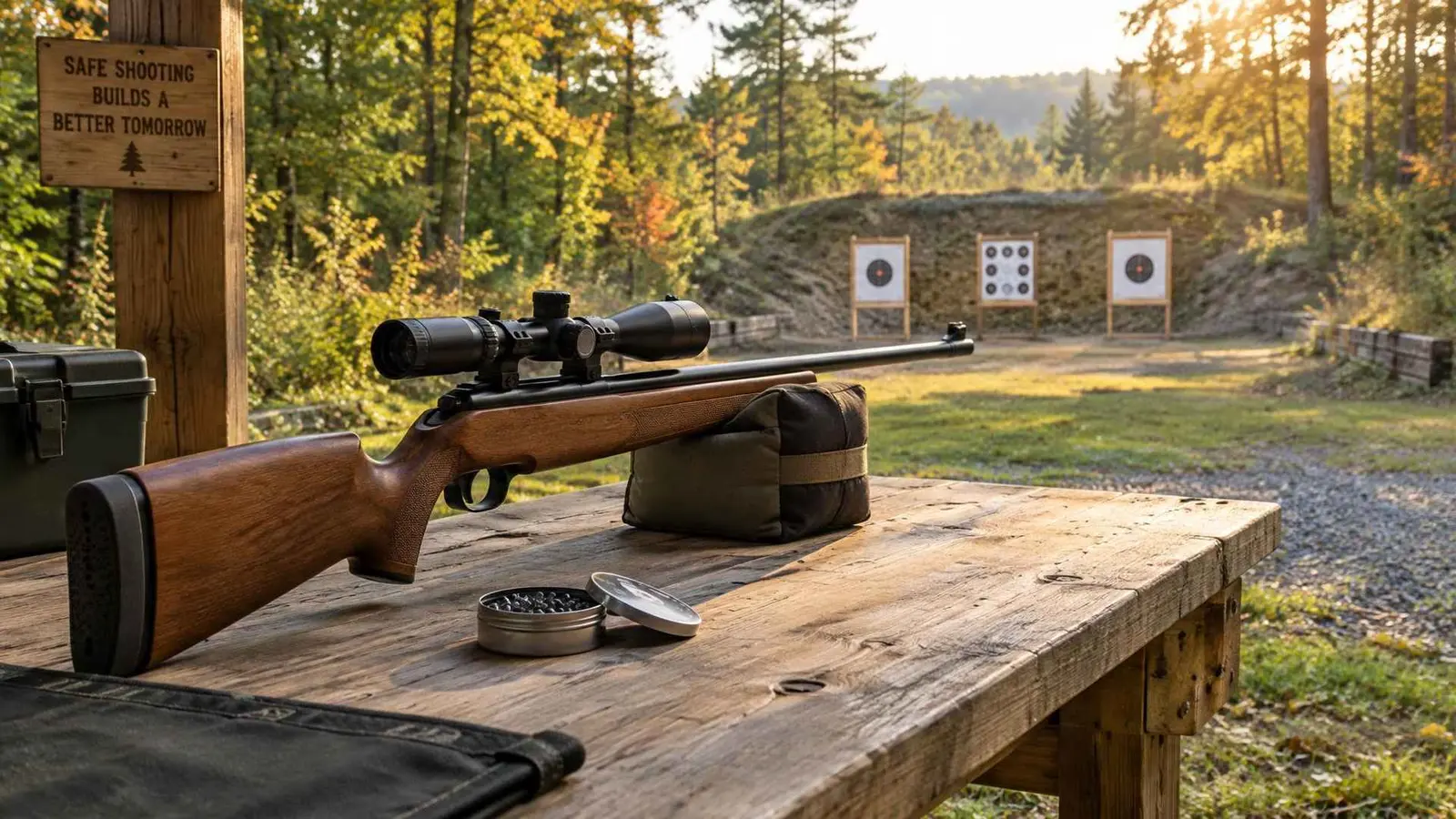 Recreational air rifle target shooting — Best Pellet Gun Air rifle resting on a shooting bench at an outdoor range at golden hour